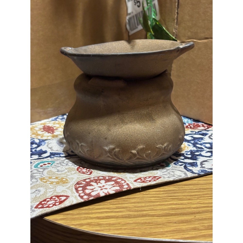 Ceramic Cauldron Tea Light Oil Wax Warmer Bronze Embossed Scroll 3-Piece Set